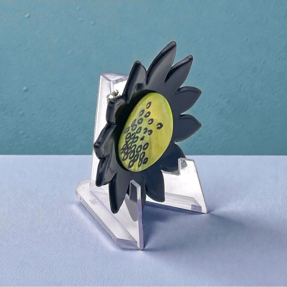 Vintage Artisan Resin Sunflower Brooch Black and Abalone Lime Green Handpainted